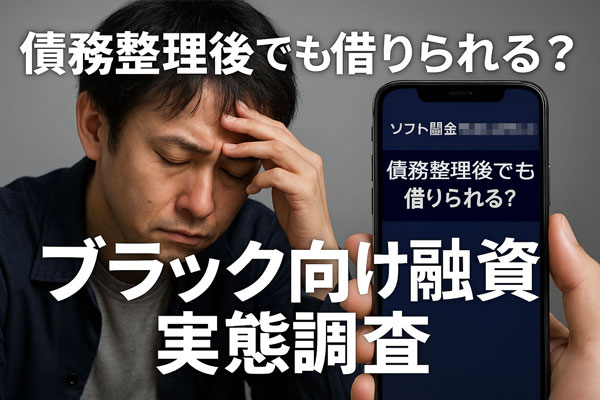 債務整理後の借入に悩む人とスマホ画面（ソフト闇金サイト）