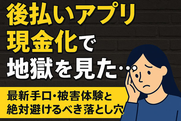 後払いアプリ現金化で地獄を見たという警告テキストと悩む女性のイラスト