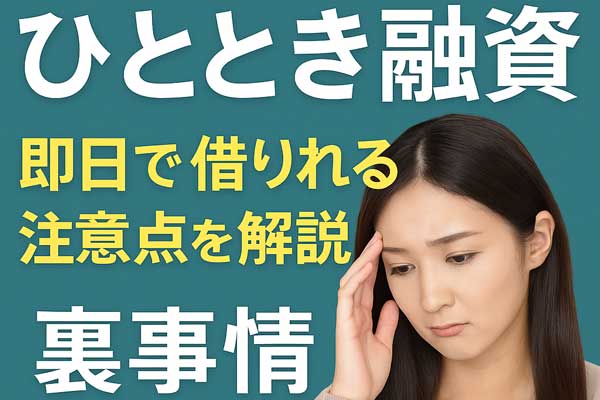 ひととき融資のリスクに悩む女性のイメージと即日現金の注意喚起メッセージ